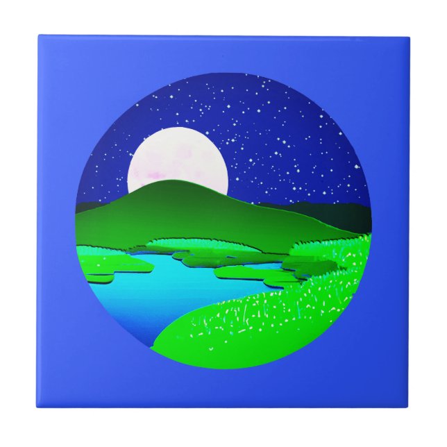 Full Moon Rising Over Green Hills   Ceramic Tile (Front)