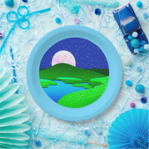 Full Moon Rising Over Green Hills  Paper Plate