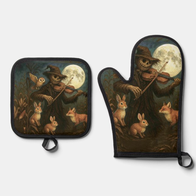 Full Moon Scarecrow Serenade Oven Mitt & Pot Holder Set (Front)
