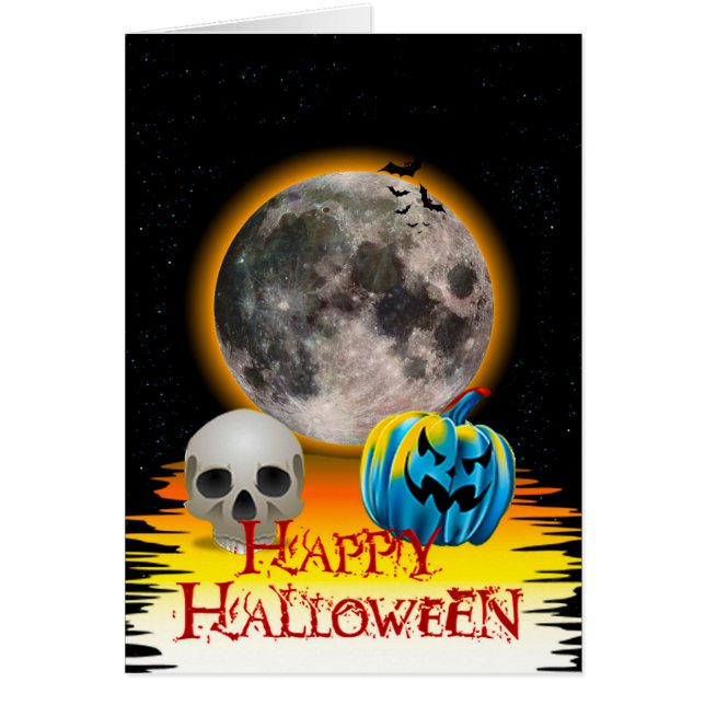 Full Moon, Skull and Blue Pumpkin at Night Card (Front)
