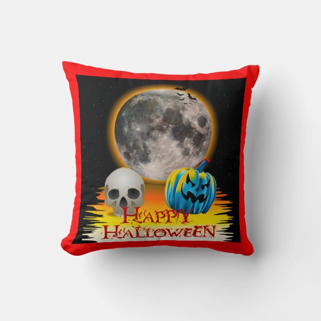 Full Moon, Skull and Blue Pumpkin at Night. Cushion (Front)