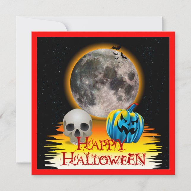 Full Moon, Skull and Blue Pumpkin at Night. Invitation (Front)