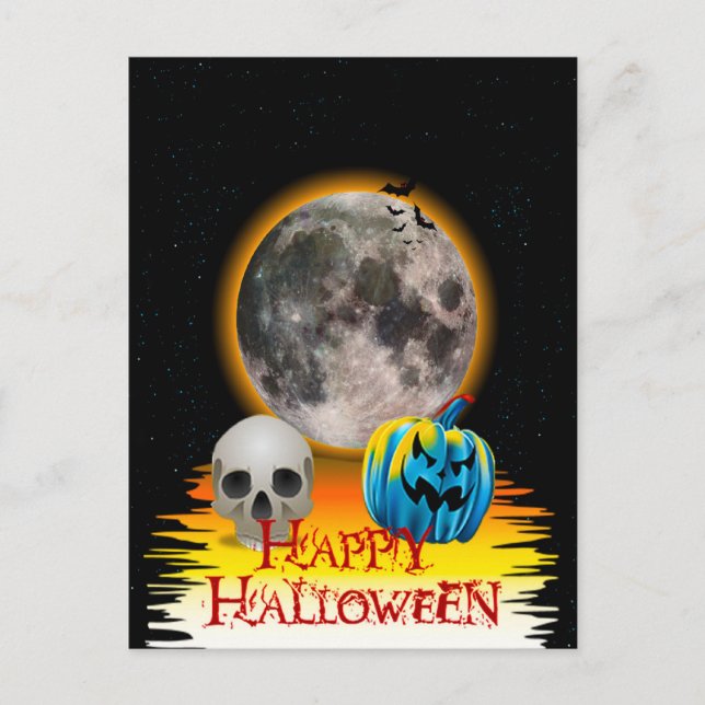 Full Moon, Skull and Blue Pumpkin at Night. Postcard (Front)