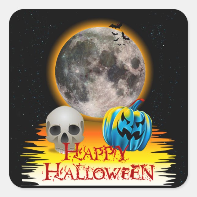 Full Moon, Skull and Blue Pumpkin at Night. Square Sticker (Front)