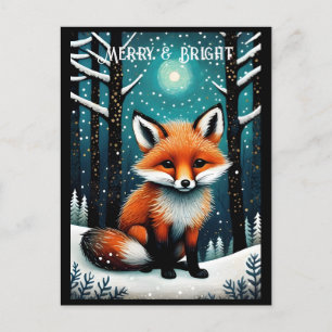 Full Moon Snowy Night Forest Cute Fox Christmas Postcard