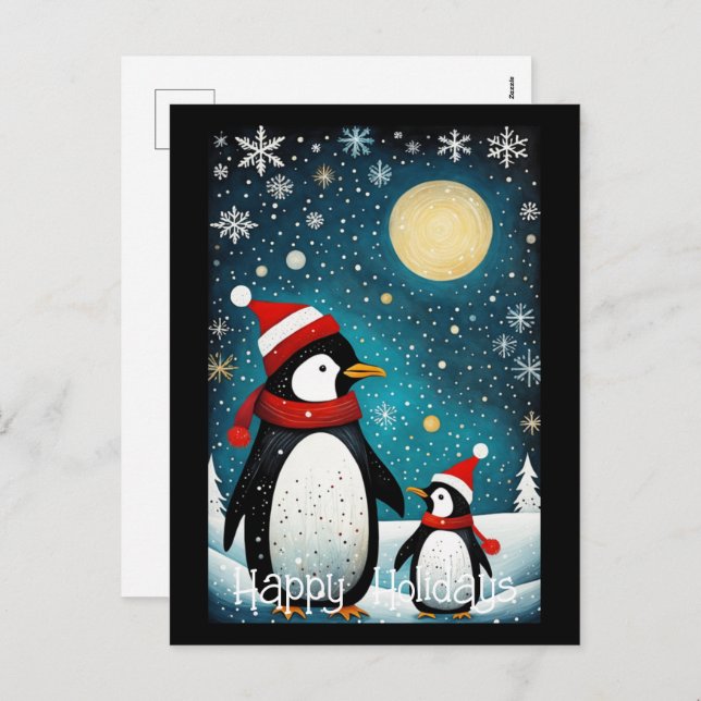 Full Moon Snowy Winter Santa Penguin Christmas  Holiday Postcard (Front/Back)