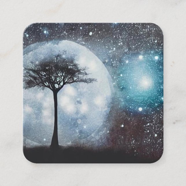 Full Moon Space Sky Tree Square Business Card (Front)