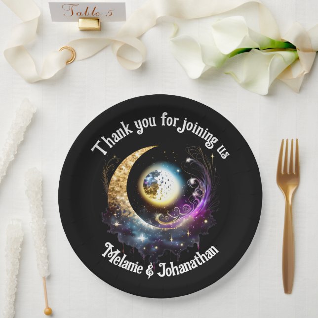 Full moon starry night sky celestial magenta paper plate (Wedding)