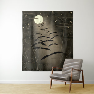 Full Moon Stars Flying Bats Vintage Halloween Tapestry