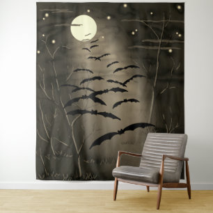 Full Moon Stars Flying Bats Vintage Halloween Tapestry