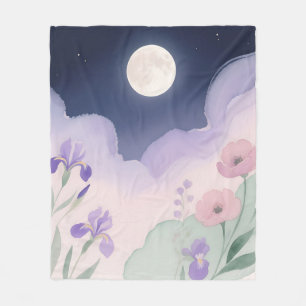 Full Moon Watercolor Iris Floral Night Fleece Blanket