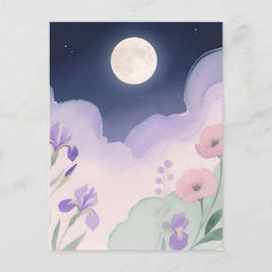 Full Moon Watercolor Iris Floral Night Postcard