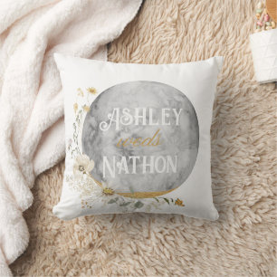 Full Moon Wildflower Gold Watercolor Wedding  Cushion