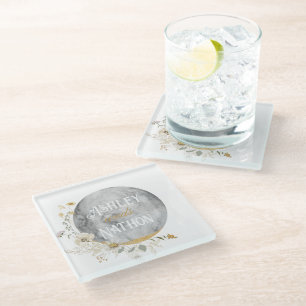 Full Moon Wildflower Gold Watercolor Wedding Glass Coaster