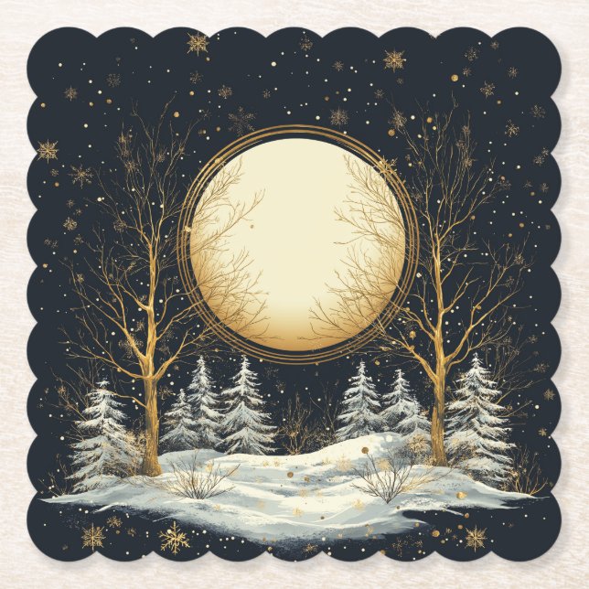 Full Moon Winter Pine Tree Forest Snowflakes Paper Coaster (Front)