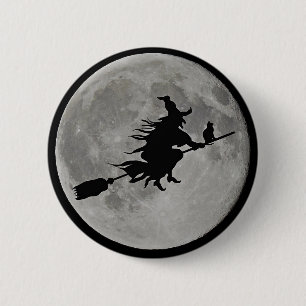FULL MOON WITCH ON BROOM Halloween Witch BUTTON