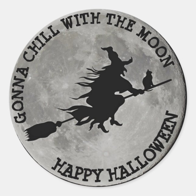 FULL MOON WITCH ON BROOM Halloween Witch  BUTTON Classic Round Sticker (Front)