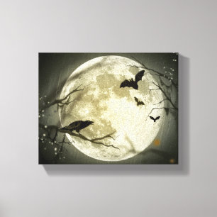 Full Moon with bats and Raven. Canvas Print