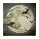 Full Moon with bats and Raven Ceramic Tile<br><div class="desc">Halloween and gothic themed image. A big full moon at night with bats flying around and a raven sitting on the branch of a craggy tree.</div>