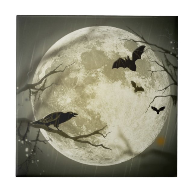 Full Moon with bats and Raven Ceramic Tile (Front)