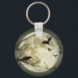 Full Moon with bats and Raven Key Ring<br><div class="desc">Halloween and gothic themed image. A big full moon at night with bats flying around and a raven sitting on the branch of a craggy tree.</div>