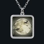 Full Moon with bats and Raven Silver Plated Necklace<br><div class="desc">Halloween and gothic themed image. A big full moon at night with bats flying around and a raven sitting on the branch of a craggy tree.</div>