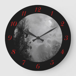 Full Moon With Ravens Red Numbers Wall Clock