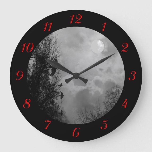 Full Moon With Ravens Red Numbers Wall Clock (Front)