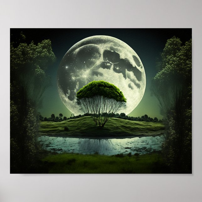 Full Moon with Tree and River Poster (Front)