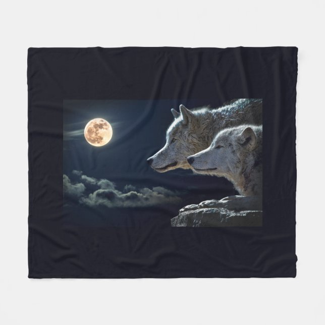 Full Moon Wolves Fleece Blanket (Front (Horizontal))