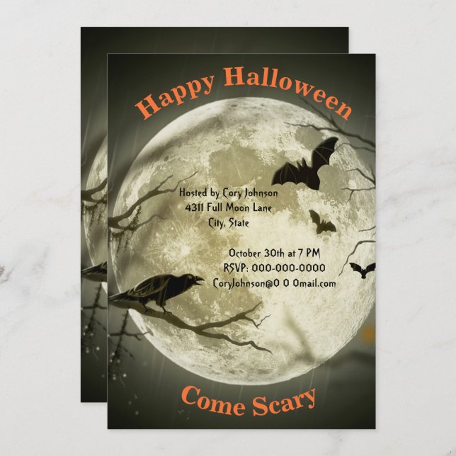 Full Moonlight Night, Black Crow, Bats, Halloween Invitation (Front/Back)