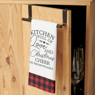  full of Love Christmas Cheer Plaid Family Name  Tea Towel