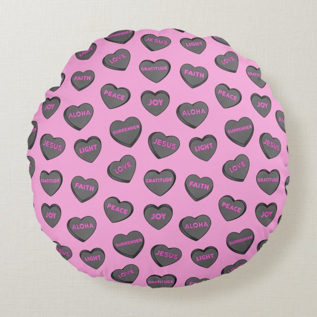 Full of Love Hearts Pattern black pink Round Cushion (Front)