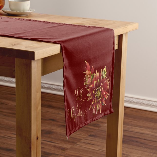 Full of Thanks Autumn Floral Dahlia Burgundy Short Table Runner (In Situ)