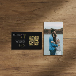 Full photo, gold QR code black wedding RSVP Enclosure Card