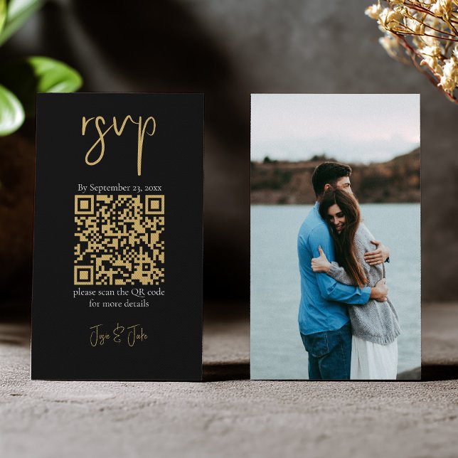 Full photo gold QR code black wedding RSVP Enclosure Card (Gold and black qr code rsvp insert card with full cover photo)