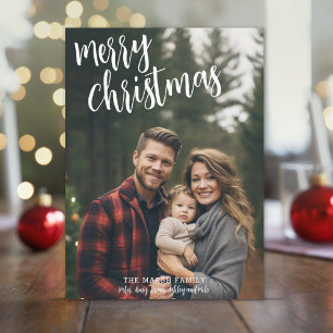 Full Photo Handwritten Merry Christmas Green Back Holiday Card
