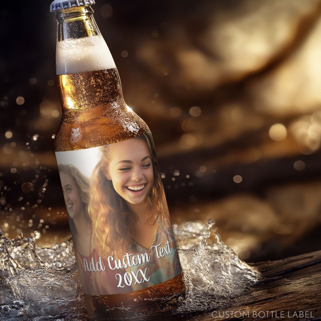 Full Photo Layout with a Modern White Script Text Beer Bottle Label (Custom Beer Bottle Label - Photo Label)