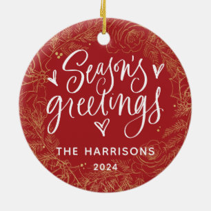Full Photo Season's Greetings Red Two Sided Ceramic Ornament