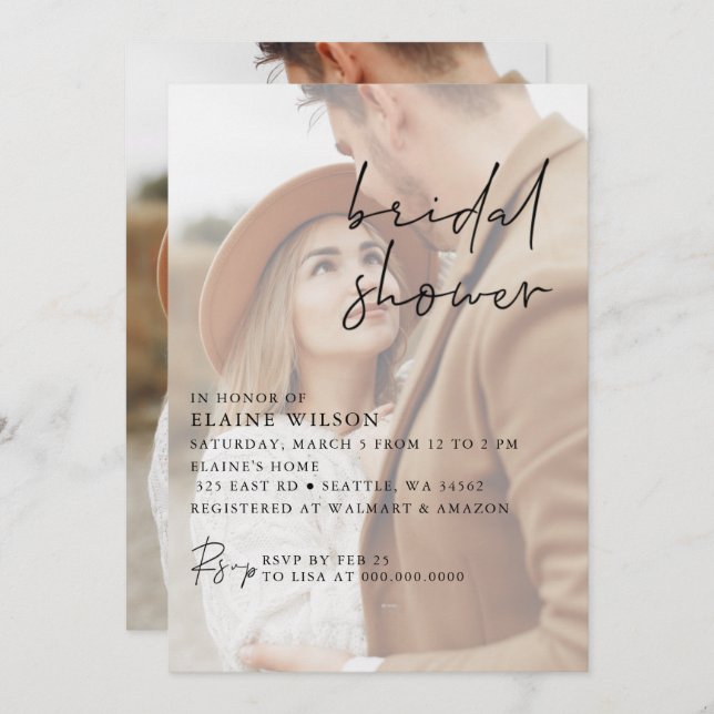 Full Photo Simple Elegant Modern Bridal Shower Invitation (Front/Back)