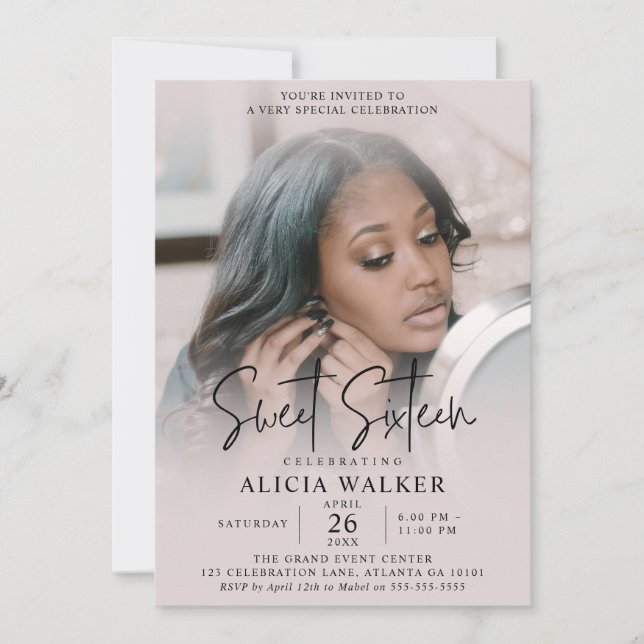 Full Photo Sweet 16 Invitation Blush Script (Front)