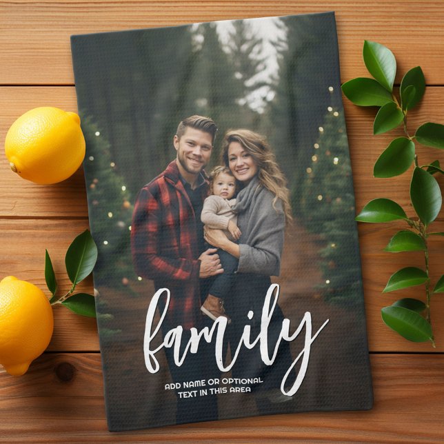 Full Photo - Vertical Custom Script Family Text Tea Towel (Custom Kitchen Towel with a Photo Collage)
