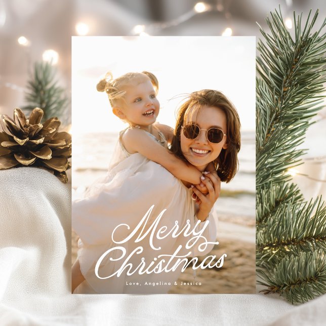 Full Photo White Lettering Overlay Merry Christmas Holiday Card (Creator Uploaded)