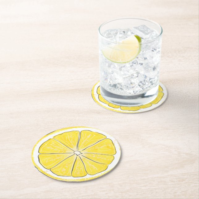 Full Slice of Lemon In Watercolor Round Paper Coaster (Insitu)