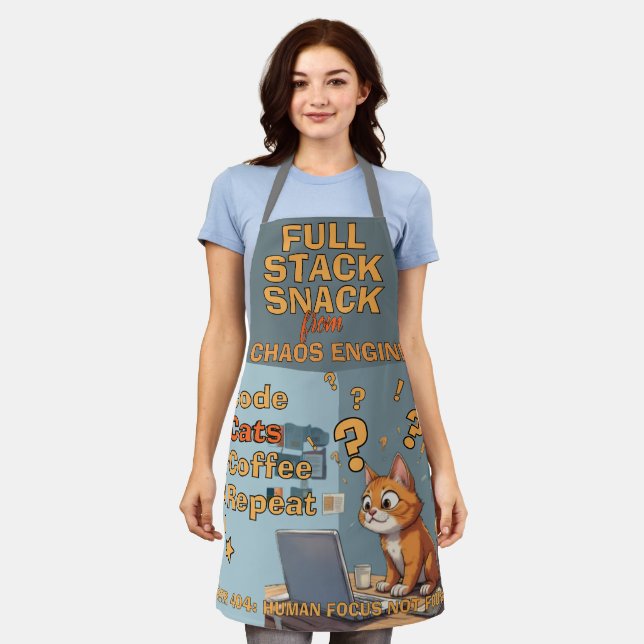 Full Stack Snack Coding Cat Humor Design Apron (Worn)