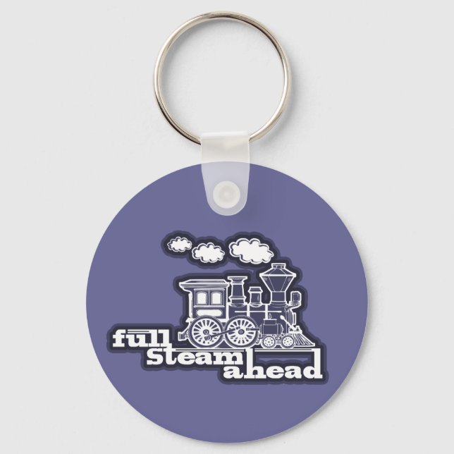 "Full steam ahead" blue grey train keychain (Front)