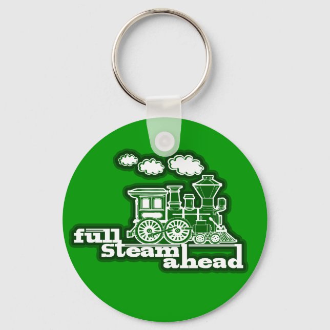 "Full steam ahead" green train graphic keychain (Front)