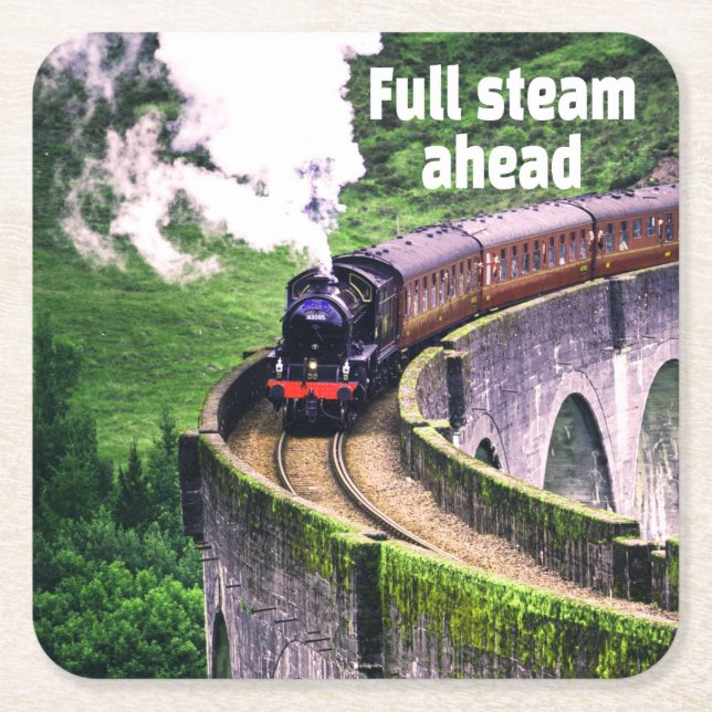 Full steam ahead Locomotive Train on Bridge Square Paper Coaster (Front)
