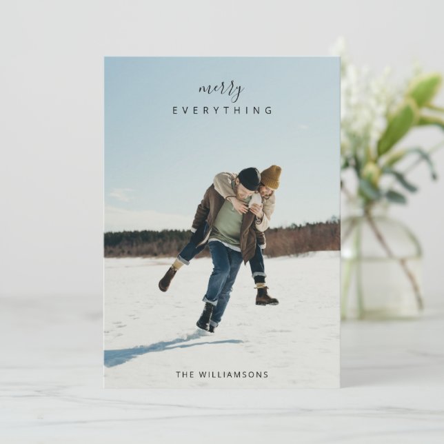 Full Two Photo Minimalist Merry Everything Holiday Card (Standing Front)