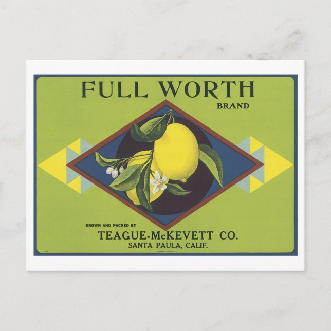 Full Worth Lemon Fruit Crate Label Postcard (Front)